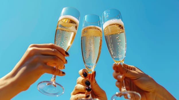 Three people are holding up champagne glasses in the air.