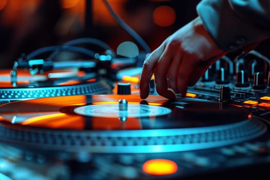 A man is playing a DJ set in a club with lights and a crowd. Scene is energetic and lively, as the man is focused on his music and the audience is enjoying the performance