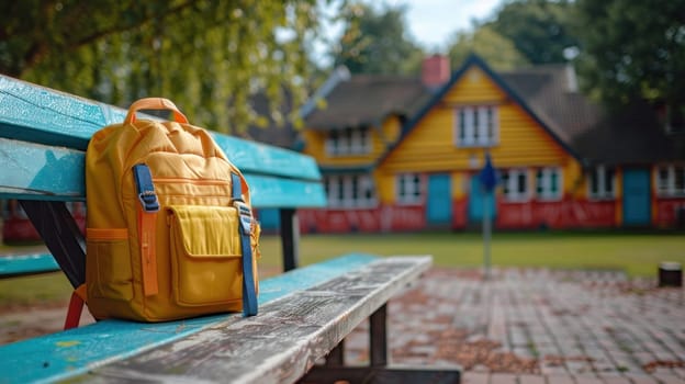 A yellow backpack sits on a bench in front of a yellow house. The scene is peaceful and calm, with the backpack and bench being the only objects in the image