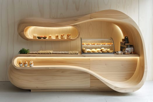 A wooden counter with a variety of food items on it. The counter is designed to look like a wave, giving the impression of a beach or ocean. The food items include sandwiches, fruit, and other snacks