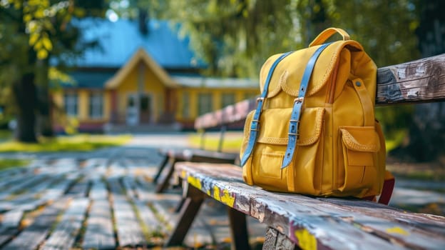 A yellow backpack sits on a bench in front of a yellow house.