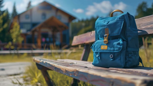 A blue backpack sits on a wooden bench in a grassy field. The backpack is open and the straps are visible. The scene is peaceful and serene, with the backpack as the only object in focus