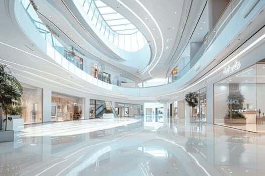 A large, empty shopping mall with a white ceiling and white walls. The mall is empty and has no people in it