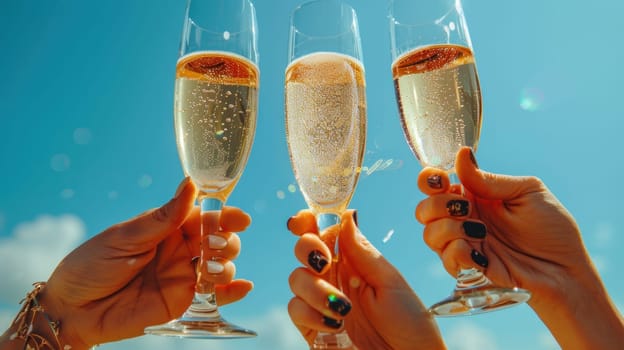 Three people are holding up champagne glasses in the air.