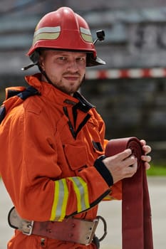 A dedicated firefighter meticulously coils the fire hose after successfully extinguishing a blaze, showcasing the critical post-incident responsibilities.