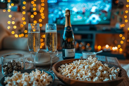 A bowl of popcorn and a glass of beer on a table. The scene is casual and relaxed, perfect for a movie night or a night in with friends