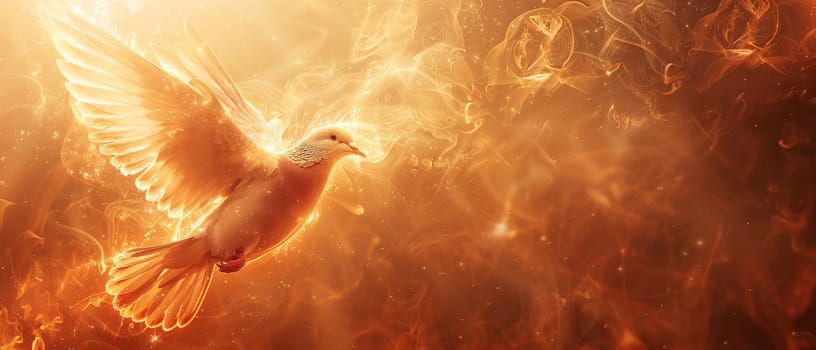 A bird is flying through a fire, surrounded by flames by AI generated image.
