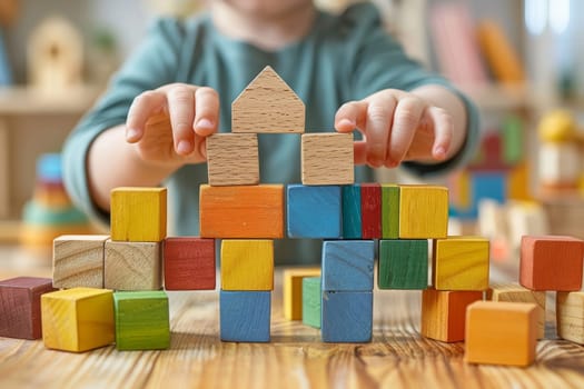 Little child playing with wooden blocks to build a house in playroom.