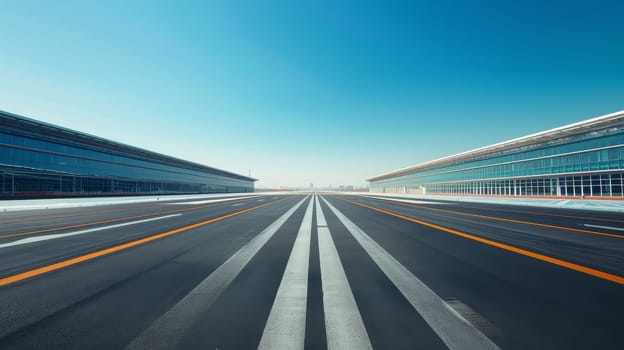 A long, empty road with a few buildings in the background. The road is wide and straight, with a few lines painted on it. The sky is clear and blue, and the buildings are tall and glassy