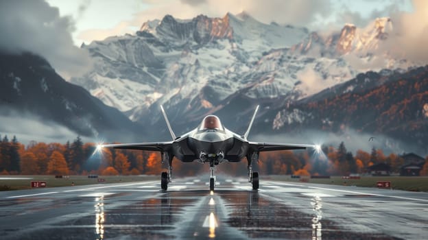 Striking Image of a Fighter Jet Landing on a Swiss Highway Framed by Majestic Swiss Alps