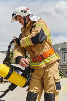 A firefighter dons the essential components of their professional gear, embodying resilience, commitment, and readiness as they gear up for a hazardous firefighting mission, a testament to their unwavering dedication to protecting and saving lives.