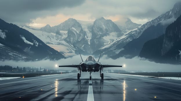 Striking Image of a Fighter Jet Landing on a Swiss Highway Framed by Majestic Swiss Alps