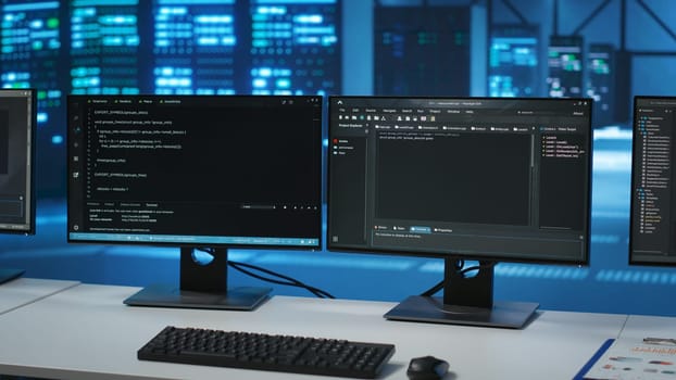 Lines of code running on computer screens in data center, used for troubleshooting rackmounts in server rows. Close up shot of script working on PC monitors upgrading hardware
