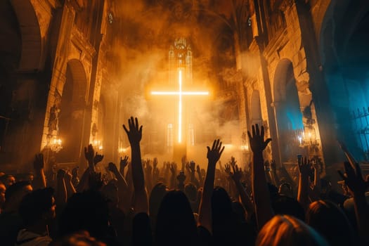 A large crowd of christian people are gathered in a church, with their hands raised in the air and a large cross in the center of the room. The atmosphere is one of worship and unity