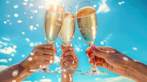 Three people are holding up champagne glasses in the air, celebrating a special occasion. The glasses are filled with sparkling wine, and the atmosphere is joyful and festive