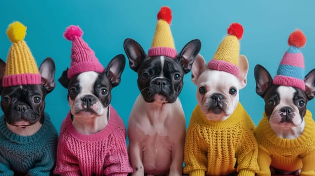 French bull dog are wearing hats and jackets and standing in a line.