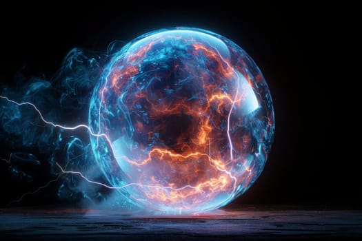 A glowing orb of blue and orange light is surrounded by a cloud of smoke. Concept of mystery and wonder, as if the orb is a portal to another world or dimension