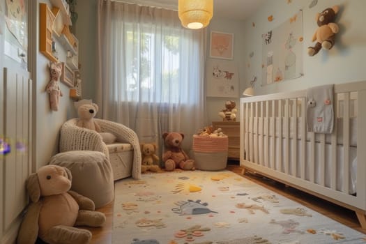 A baby nursery with a blue ceiling and a mural of a sea creature. The room is decorated with blue furniture and has a blue rug