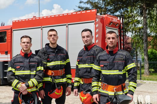 A team of professional firefighters, fully equipped in their gear, stands ready to respond to dangerous situations.