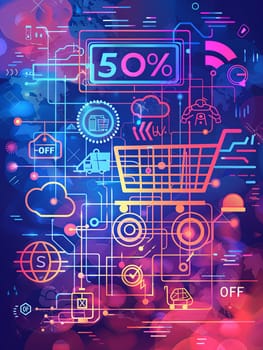 Abstract background with a shopping cart, digital icons, and a large 50% OFF text.