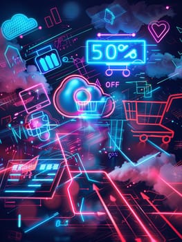 An abstract background with neon glowing digital shopping carts, product icons, and a bold 50% OFF sign.