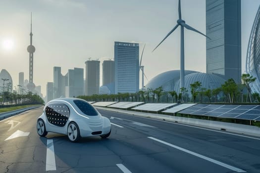 A futuristic ev car is driving down a road next to a wind turbine. The car is white and has a futuristic design. The city in the background is filled with tall buildings