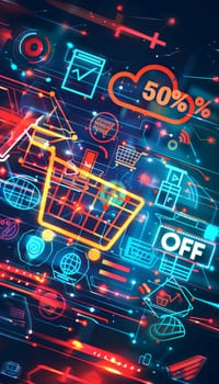 Abstract digital background featuring a shopping cart, product icons, and 50% off text, representing an online sale.