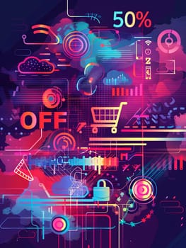 Abstract digital background with shopping cart, 50% off, and various tech elements.