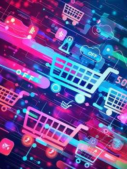 A futuristic digital background showcasing an online sale with glowing shopping carts and 50% off deals.