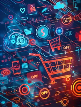 A vibrant abstract background depicting online shopping with digital shopping carts, product icons, and bold 50% OFF text, all within a futuristic digital theme.