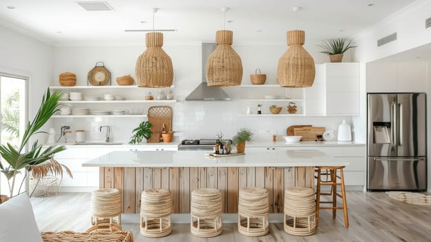 A kitchen with a wooden island and a countertop with a potted plant on it. The kitchen is decorated with a lot of plants and has a rustic feel