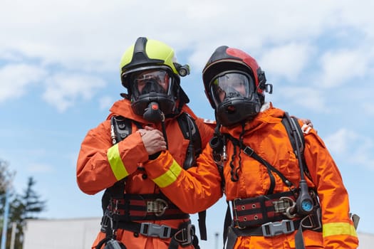 A unified team of firefighters, adorned in their uniforms, engages in a heartfelt celebration marked by triumphant salutes and cheers, embodying the joy and gratitude following the successful completion of a challenging firefighting mission.