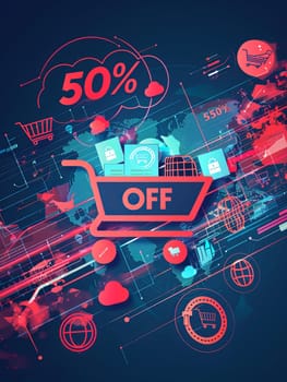 An abstract background with a shopping cart, product icons, and the bold text 50% OFF.