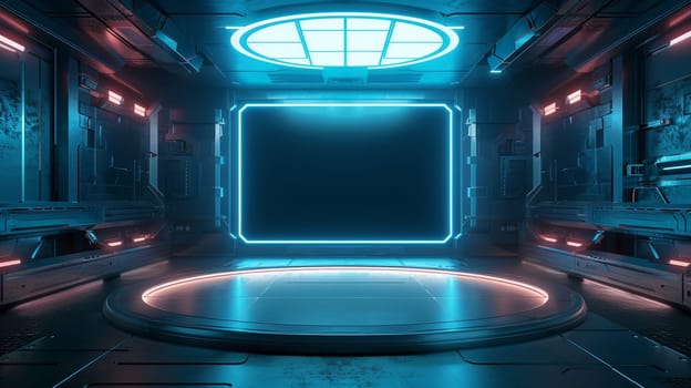 A futuristic space with a large, empty screen. The room is filled with neon lights and has a futuristic, industrial feel