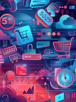 Abstract background showcasing digital shopping carts, product icons, and bold discount percentages in a vibrant futuristic setting.