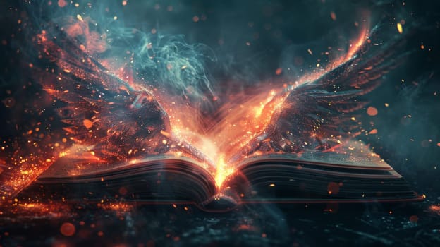 A woman is holding an open book with a glowing flame on the pages. The scene is surreal and dreamlike, with the woman and the book appearing to be alive. The glowing flame adds an element of magic