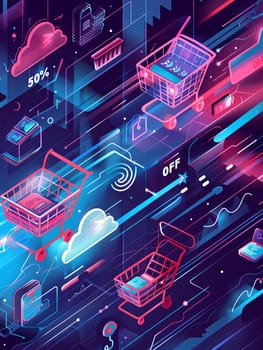 An abstract background illustrating an online sale with digital shopping carts, product icons, and 50% OFF text.