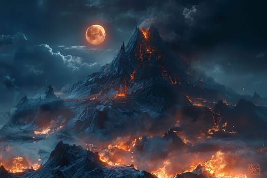 A mountain with a large, glowing moon in the sky. The mountain is covered in snow and the sky is dark and cloudy. The scene is ominous and foreboding