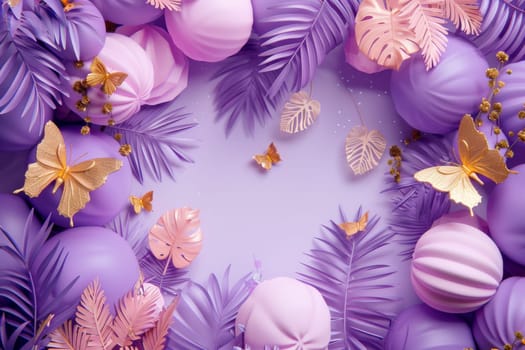 A purple background with gold butterflies and pink flowers