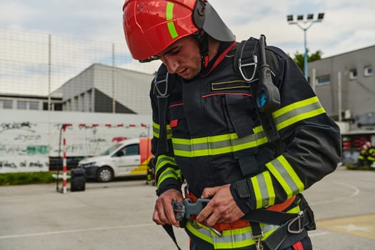 A professional firefighter dons his protective gear, preparing to respond to an emergency call.