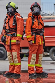 A team of firefighters, dressed in professional gear, undergoes training to learn how to use various firefighting tools and prepare for firefighting tasks.