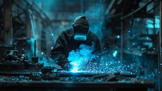 A man welder worker in a black jacket is working on a piece of metal. The image has a mood of industrial and hard work