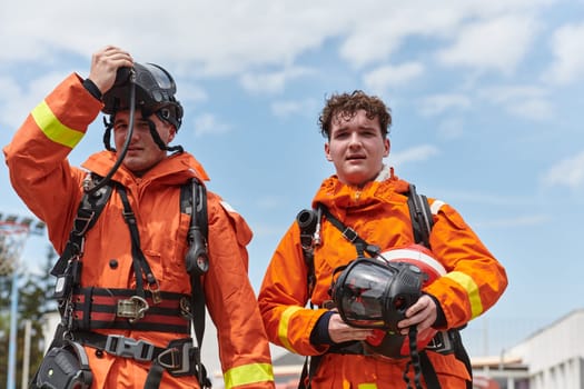 A team of confident and accomplished firefighters strides purposefully in their uniforms, exuding pride and satisfaction after successfully completing a challenging firefighting mission.