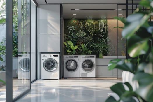 A modern house with a white washer and dryer and a green plant. The washer and dryer are placed next to each other, and the plant is in a pot on the counter. The kitchen has a clean