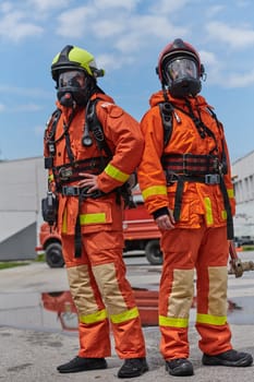 A team of firefighters, dressed in professional gear, undergoes training to learn how to use various firefighting tools and prepare for firefighting tasks.