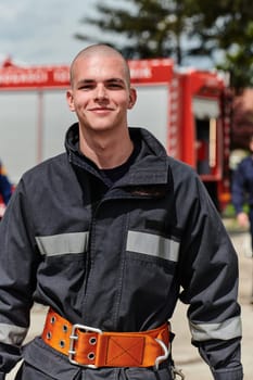 A firefighter, adorned in professional gear, stands confidently beside a fire truck following a grueling firefighting training session