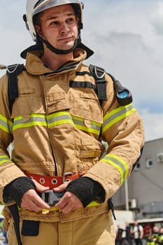 A firefighter dons the essential components of their professional gear, embodying resilience, commitment, and readiness as they gear up for a hazardous firefighting mission, a testament to their unwavering dedication to protecting and saving lives.