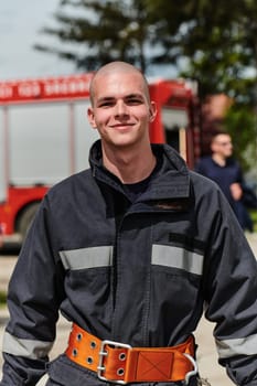 A firefighter, adorned in professional gear, stands confidently beside a fire truck following a grueling firefighting training session