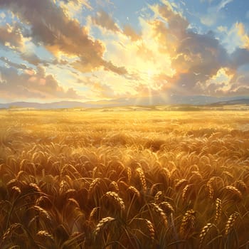 A picturesque natural landscape of a wheat field with the sun shining through the clouds, casting a warm afterglow on the grassy plains at sunrise