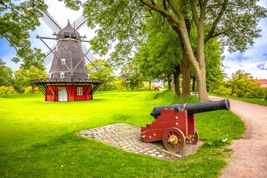 Windmill at Copenhagen Kastellet promenade view, capital of Denmark